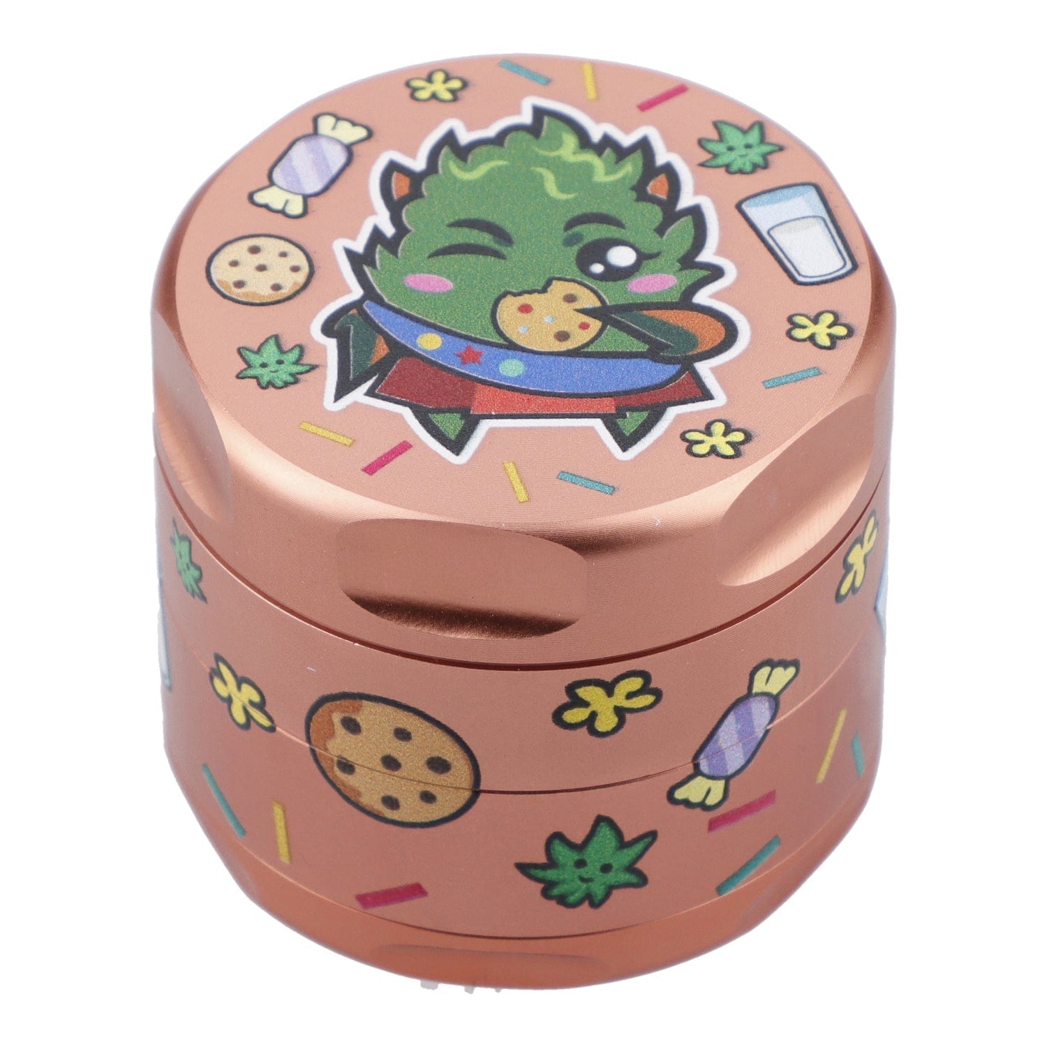 A top-down view of the 55mm GSC 3 Stage Grinder in rose gold, decorated with colorful illustrations. A top-down view of the 55mm GSC 3 Stage Grinder in rose gold, decorated with colorful illustrations.