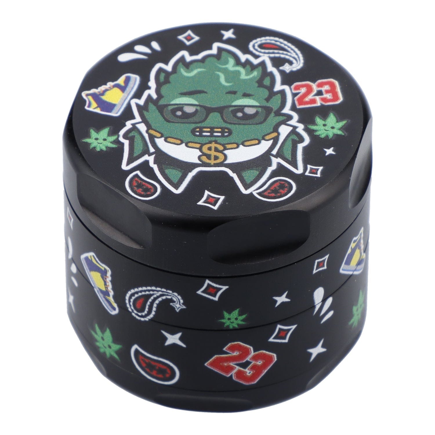Front view of the 55mm OG Kush 3 Stage Grinder in black, displaying a detailed graphic design on its circular lid. Front view of the 55mm OG Kush 3 Stage Grinder in black, displaying a detailed graphic design on its circular lid.