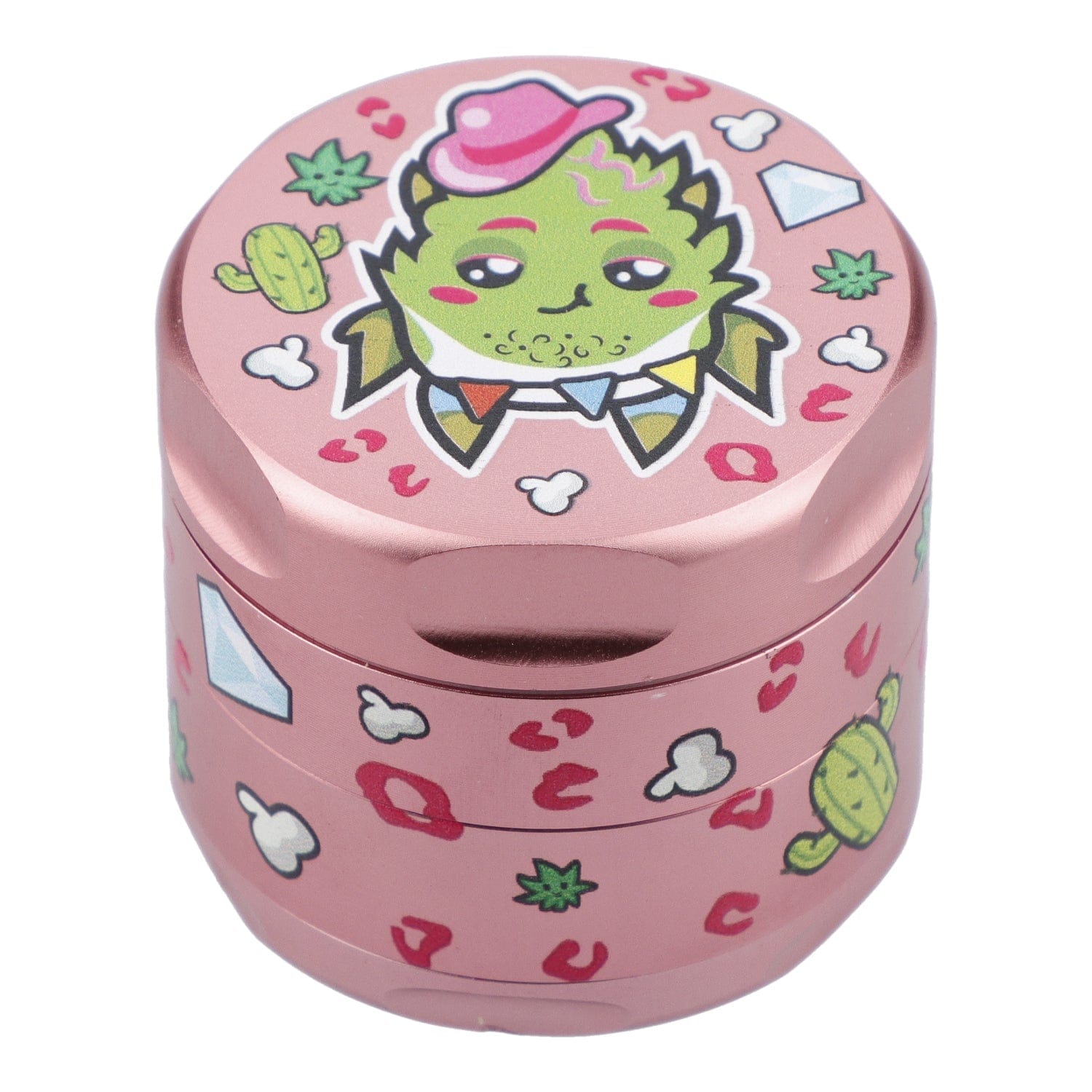 A close-up, angled view of the 55mm Pink Kush 3 Stage Grinder in pink, showcasing its three-tiered design and detailed texture. A close-up, angled view of the 55mm Pink Kush 3 Stage Grinder in pink, showcasing its three-tiered design and detailed texture.