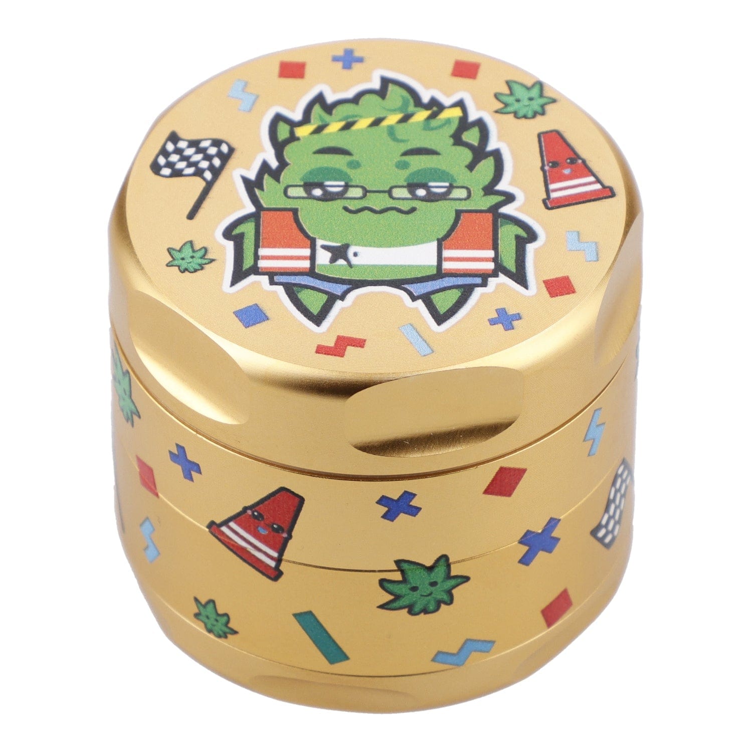 Front view of the 55mm Sour Diesel 3 Stage Grinder in yellow gold, displaying vibrant graphics on its cylindrical body. Front view of the 55mm Sour Diesel 3 Stage Grinder in yellow gold, displaying vibrant graphics on its cylindrical body.