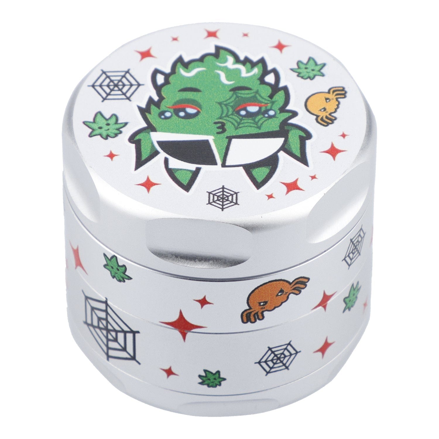 A silver 55mm White Widow 3 Stage Grinder displayed at a slight angle, showing its tiered, metallic finish. A silver 55mm White Widow 3 Stage Grinder displayed at a slight angle, showing its tiered, metallic finish.