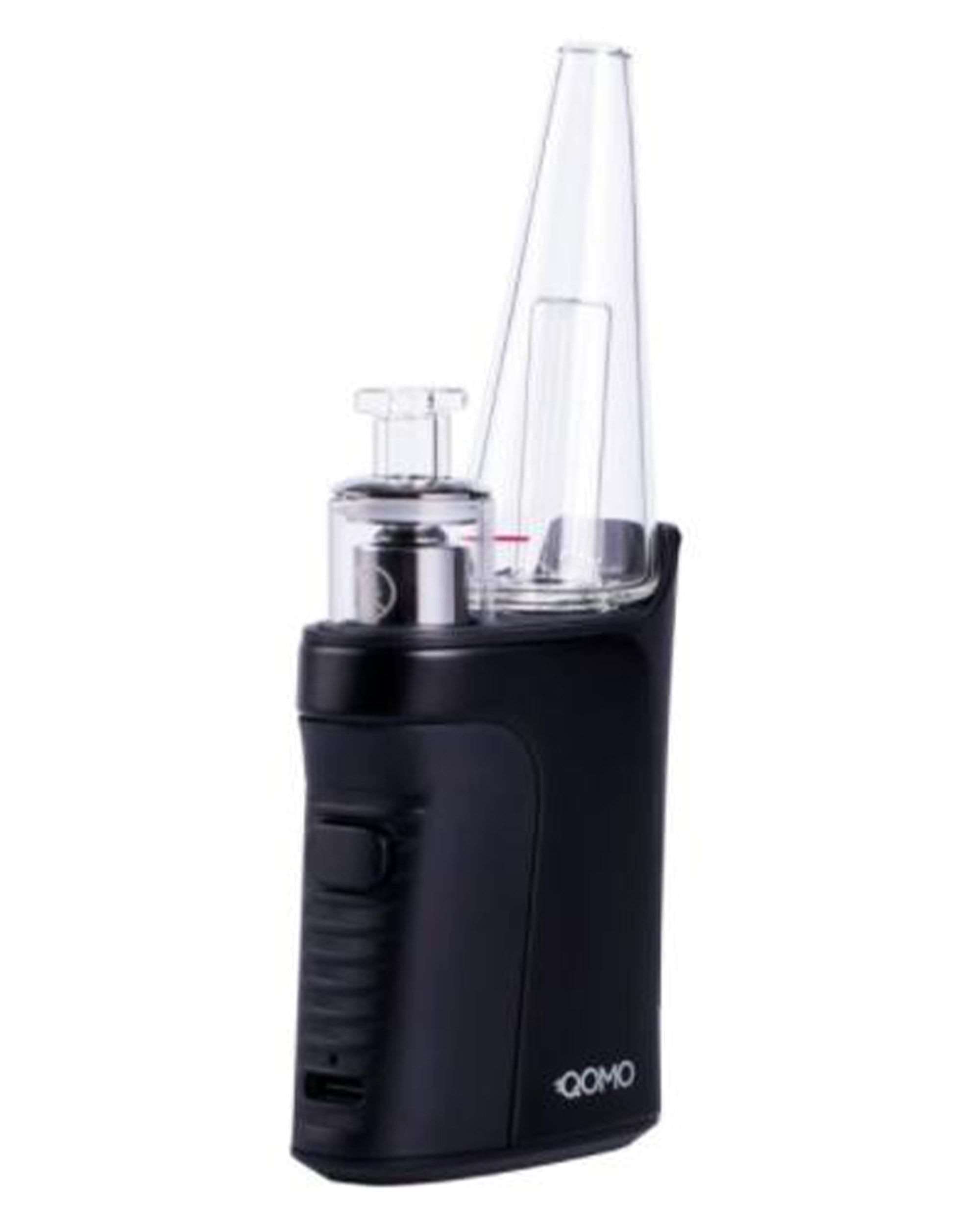 Front view of the Qomo Micro E-Rig, a compact, black device with a clear glass bubbler attachment. Front view of the Qomo Micro E-Rig, a compact, black device with a clear glass bubbler attachment.