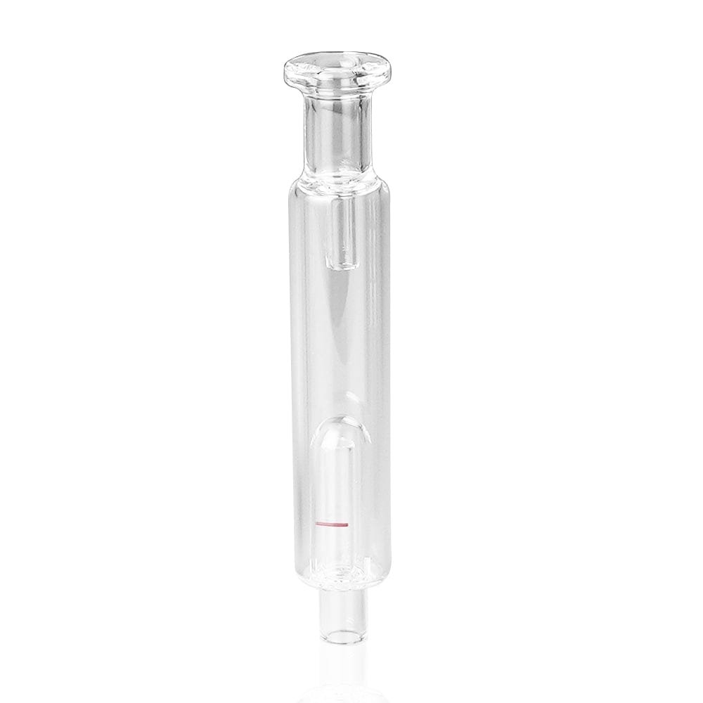 Front view of the Fyra Glass Bubbler, a clear glass piece with a simple cylindrical shape and a slightly flared mouthpiece. Front view of the Fyra Glass Bubbler, a clear glass piece with a simple cylindrical shape and a slightly flared mouthpiece.