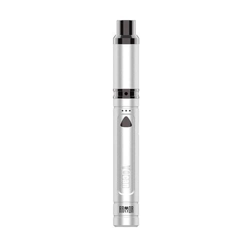 A straight-on view of the Armor Ultimate Portable Vaporizer Pen, showcasing its sleek, metallic silver design against a plain white background. A straight-on view of the Armor Ultimate Portable Vaporizer Pen, showcasing its sleek, metallic silver design against a plain white background.