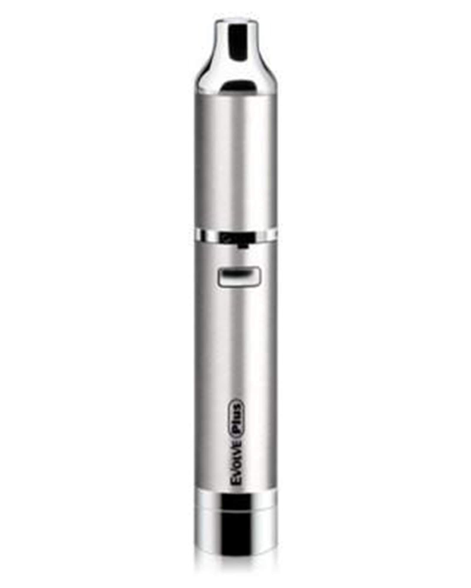 Front view of the silver Evolve Plus Vaporizer Pen, displaying its sleek, cylindrical shape and minimalist design. Front view of the silver Evolve Plus Vaporizer Pen, displaying its sleek, cylindrical shape and minimalist design.