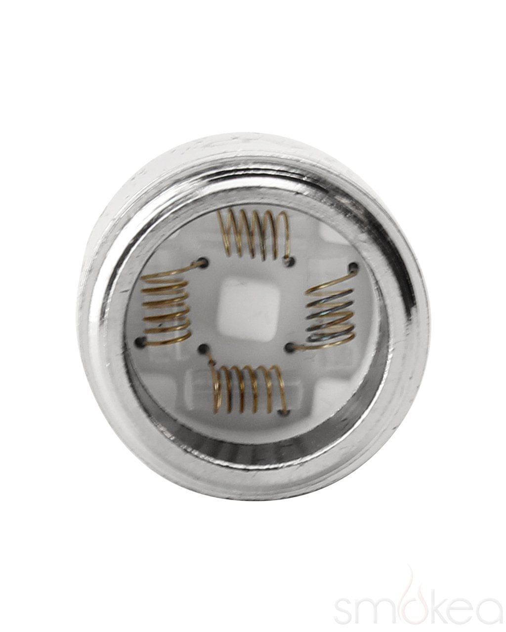 Close-up of the Evolve Plus XL Quartz Coil, displaying a circular arrangement of heating elements within a metallic housing. Close-up of the Evolve Plus XL Quartz Coil, displaying a circular arrangement of heating elements within a metallic housing.