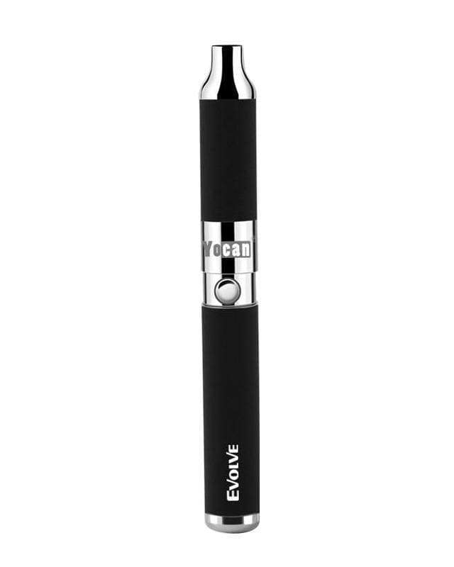 Front view of the Evolve Vaporizer Pen, a sleek, silver and black pen-style device against a plain white background. Front view of the Evolve Vaporizer Pen, a sleek, silver and black pen-style device against a plain white background.