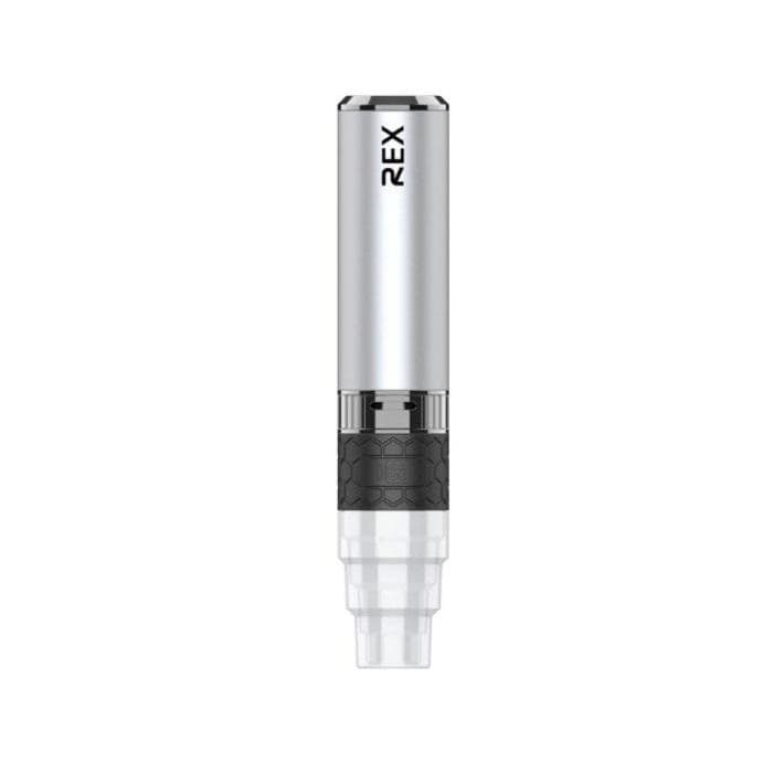 A close-up, angled view of the Rex Portable Enail Vaporizer Kit, showing its metallic silver finish and compact cylindrical shape. A close-up, angled view of the Rex Portable Enail Vaporizer Kit, showing its metallic silver finish and compact cylindrical shape.