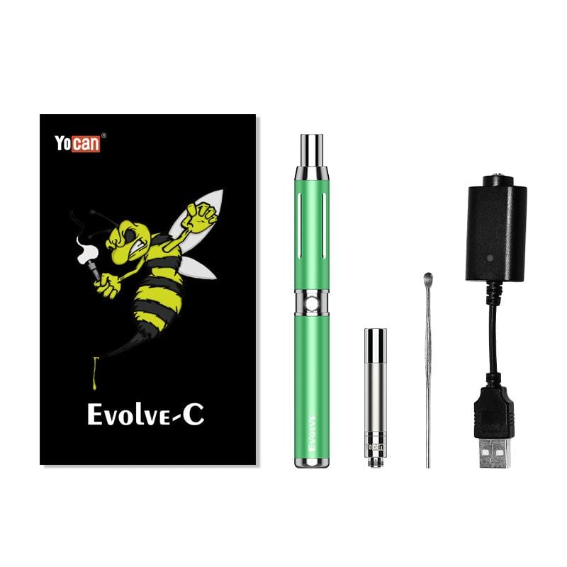 Front view of the Yocan Evolve C Vaporizer with its charging cable and components arranged on a white background. Front view of the Yocan Evolve C Vaporizer with its charging cable and components arranged on a white background.