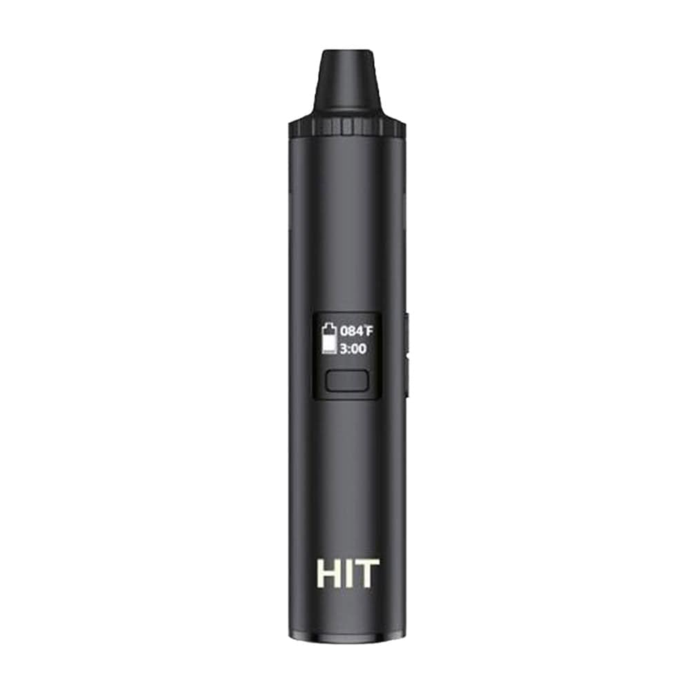 Front view of the HIT Dry Herb Vaporizer, a sleek, black handheld device with a minimalist design. Front view of the HIT Dry Herb Vaporizer, a sleek, black handheld device with a minimalist design.