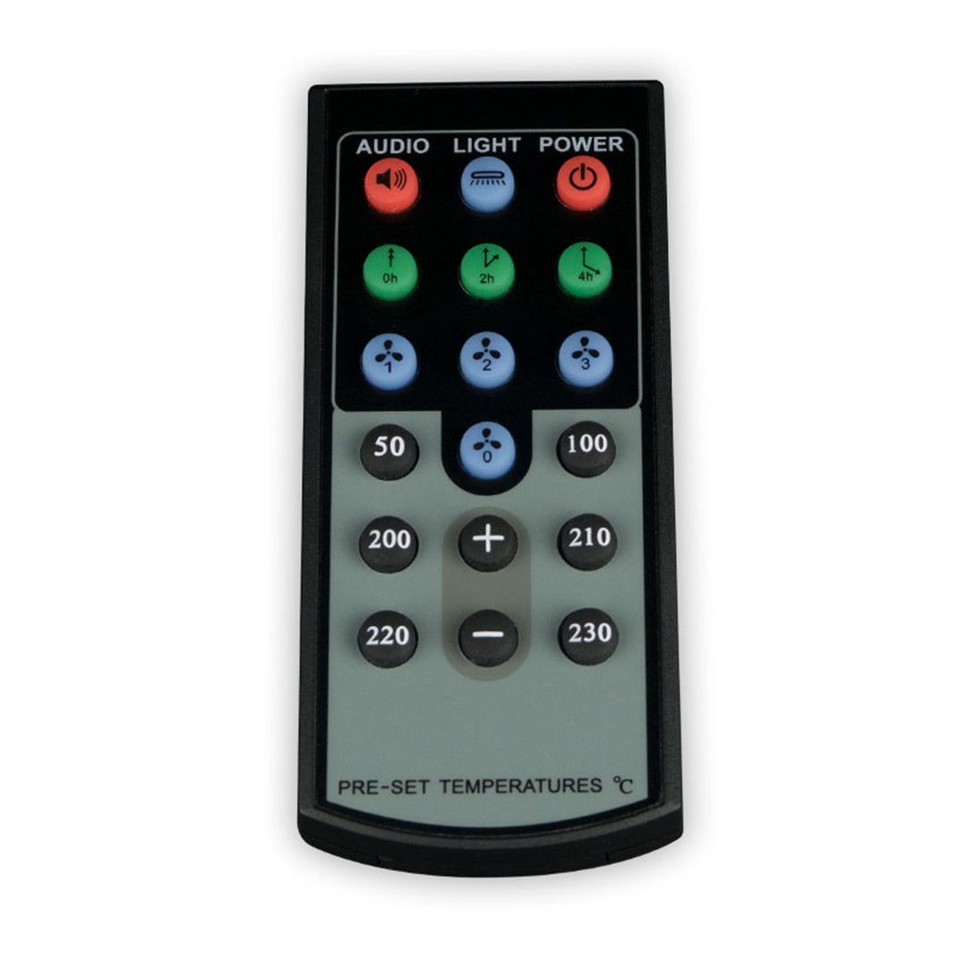 Front view of the Desktop Vaporizer Replacement Parts remote with numbered buttons and power/audio icons against a black background.