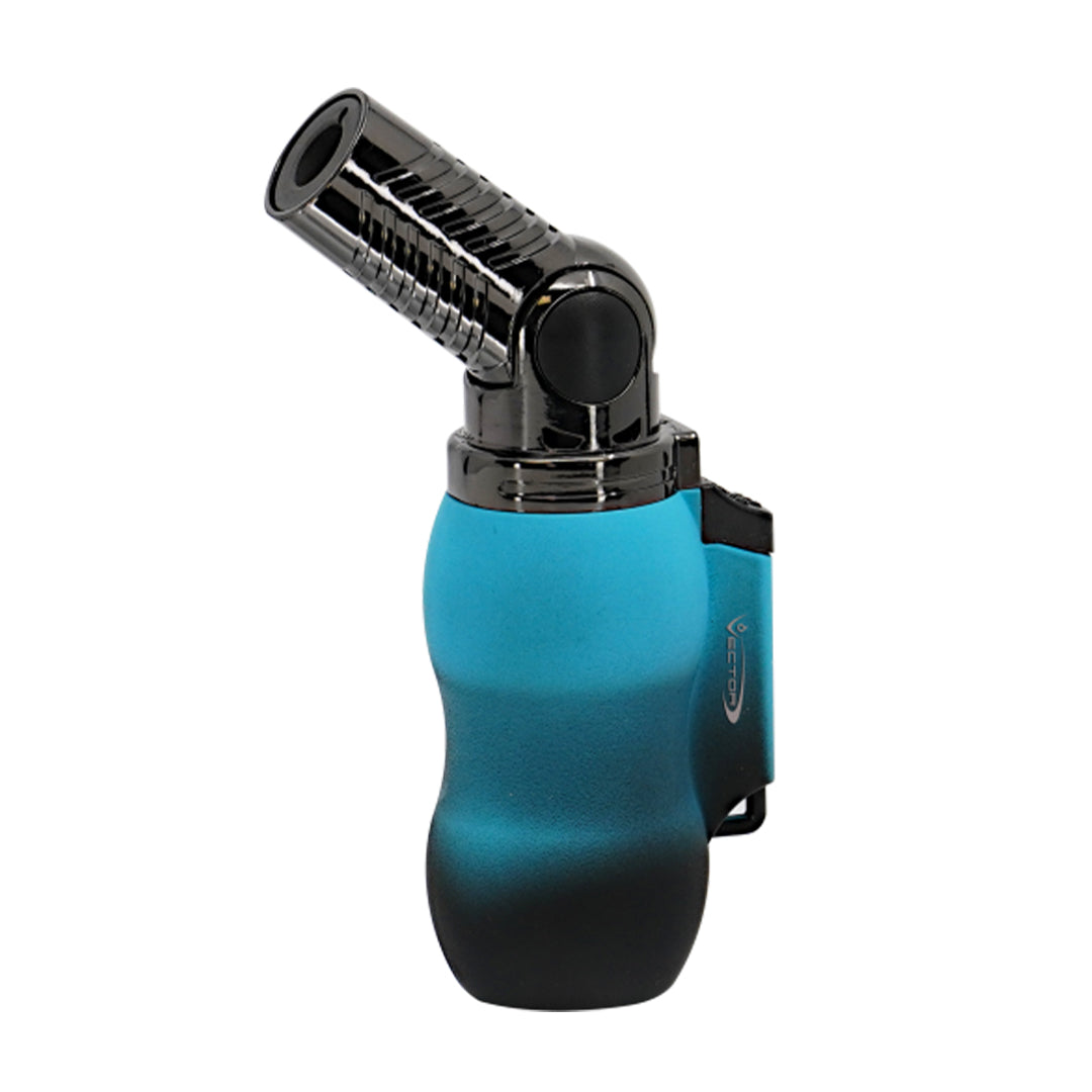 A close-up shot of the Vantage Mini Torch, featuring a blue and black handheld design with a visible nozzle.