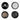 Top-down view of four black Kozo Window 2.5" Grinder pieces showing the engraved lid, perforated plate, screen, and collection chamber.