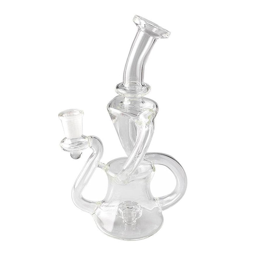 A three-quarter view of the Showerhead Recycler Dab Rig, showcasing its clear glass construction and intricate showerhead perc design.