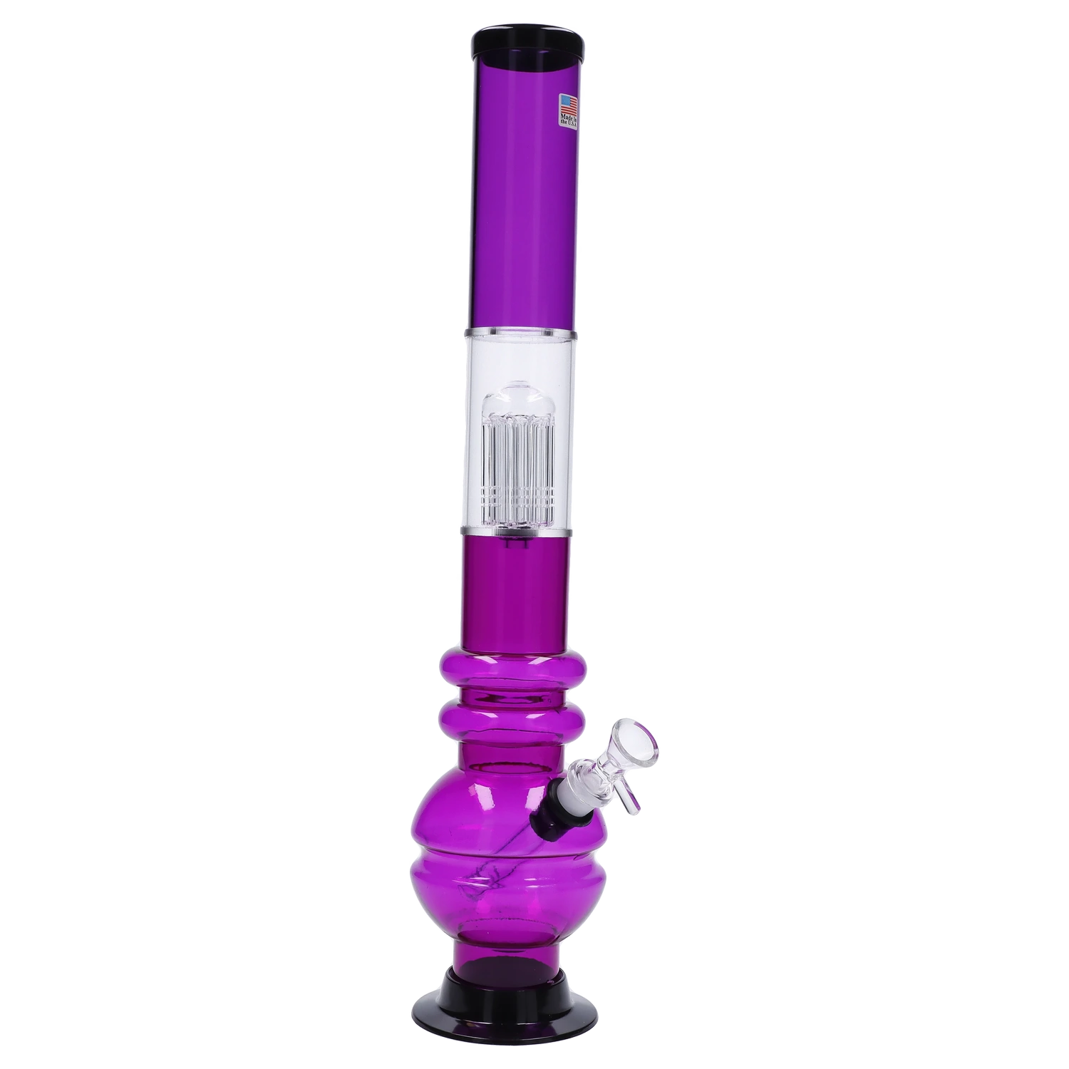 A front view of the JM Plastics Bubble Base with Glass Perc Acrylic Water Pipe, showing its clear acrylic body and bubbled base.