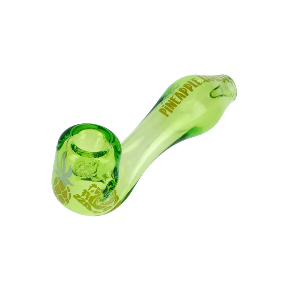 A side view of the Famous Brandz Puff Puff Pass Sherlock Hand Pipe, showing the curved bowl and detailed sculpted design.