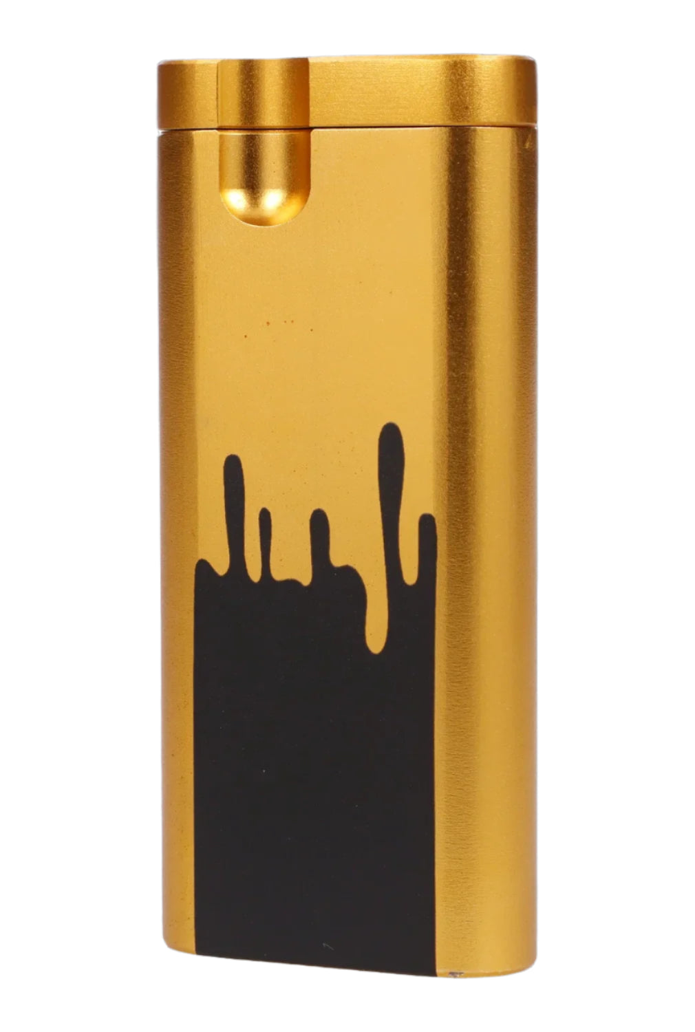 Front view of the Famous Design Surrender Aluminum Dugout, a sleek, metallic container with a minimalist design and smooth, curved edges.