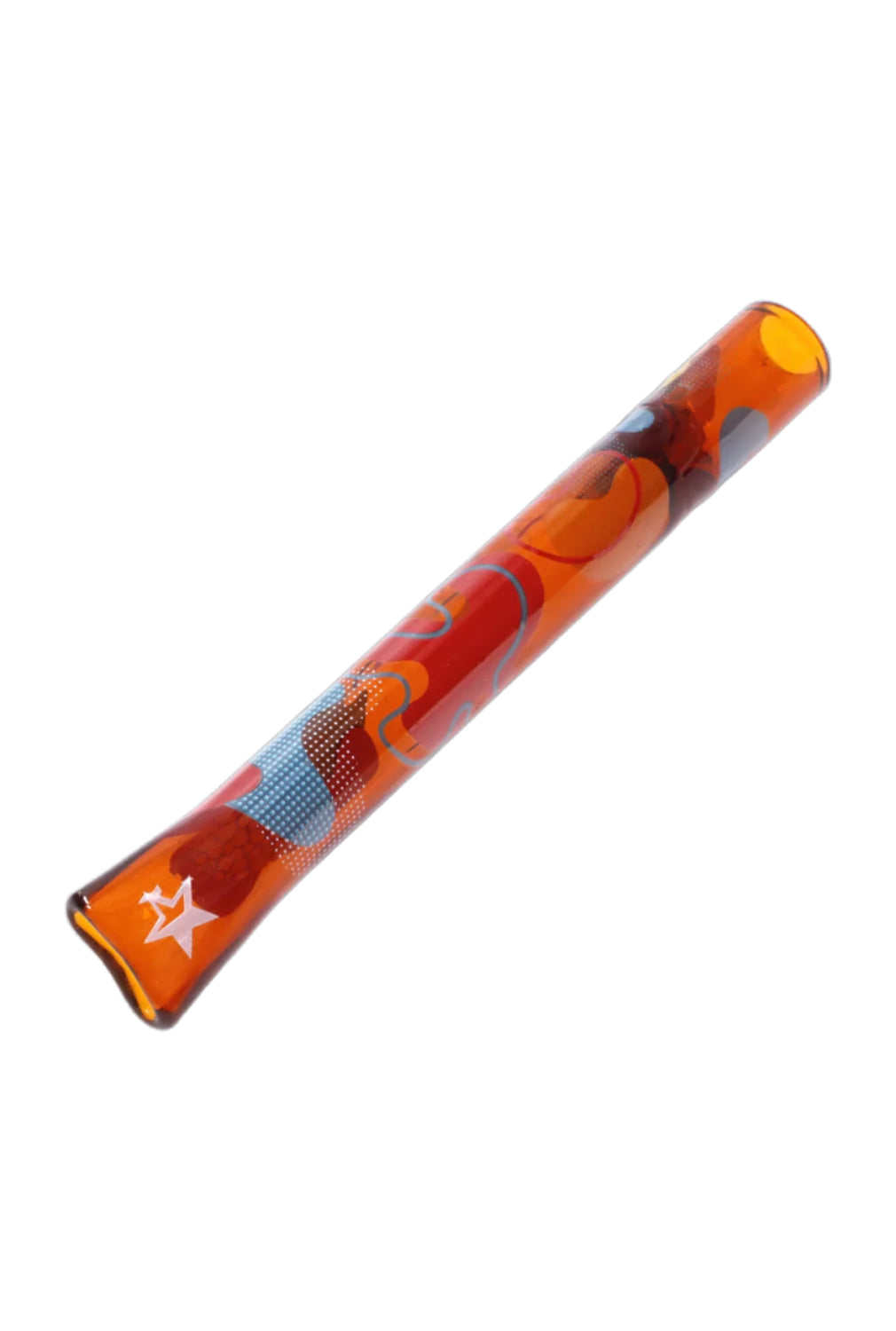 A close-up, angled view of the Famous Design Papaya Chillum, showcasing its slender, colorful glass construction.