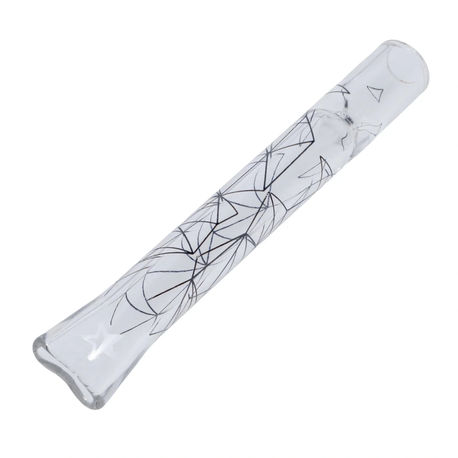 A slightly angled view of the 4-inch Famous Design Space Chillum, featuring a clear glass body with a patterned design.