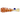 Horizontal close-up of the clear glass DankStop Piped and Fumed One Hitter - 3 in. showing orange spiral fuming inside and a small blue glass accent on a white background