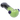 Angled close-up of a green and black glass DankStop Tri-Color Frit Flat Spoon Pipe - 3.5 in., showing blue glass accents and glossy reflections