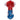 Top-down close-up of the DankStop Tri-Color Frit Flat Spoon Pipe - 3.5 in. showing its red and blue swirled glass bowl and rounded mouthpiece against a white background