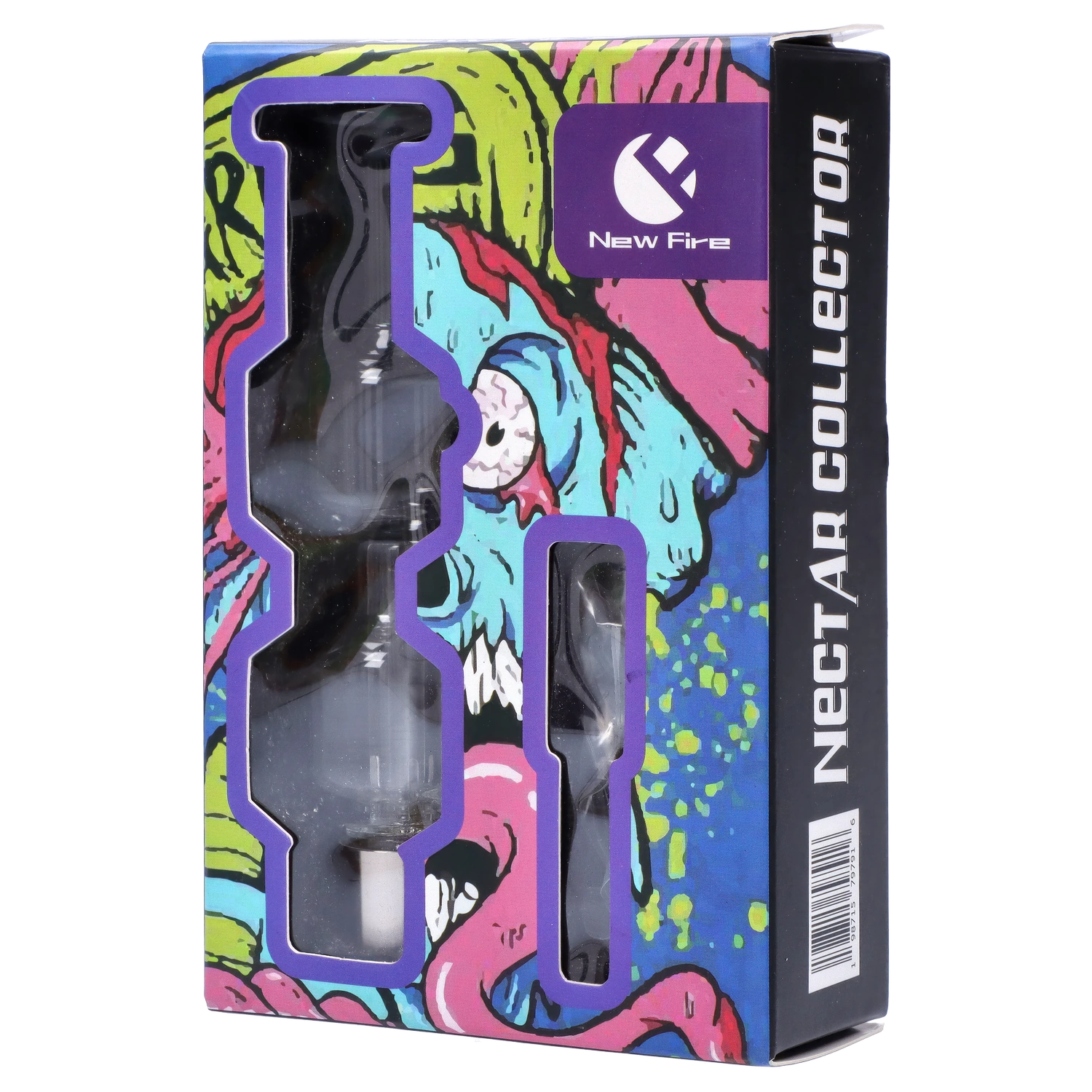 Front view of the New Fire Falcon Nectar Collector, showcasing its colorful, patterned glass design.