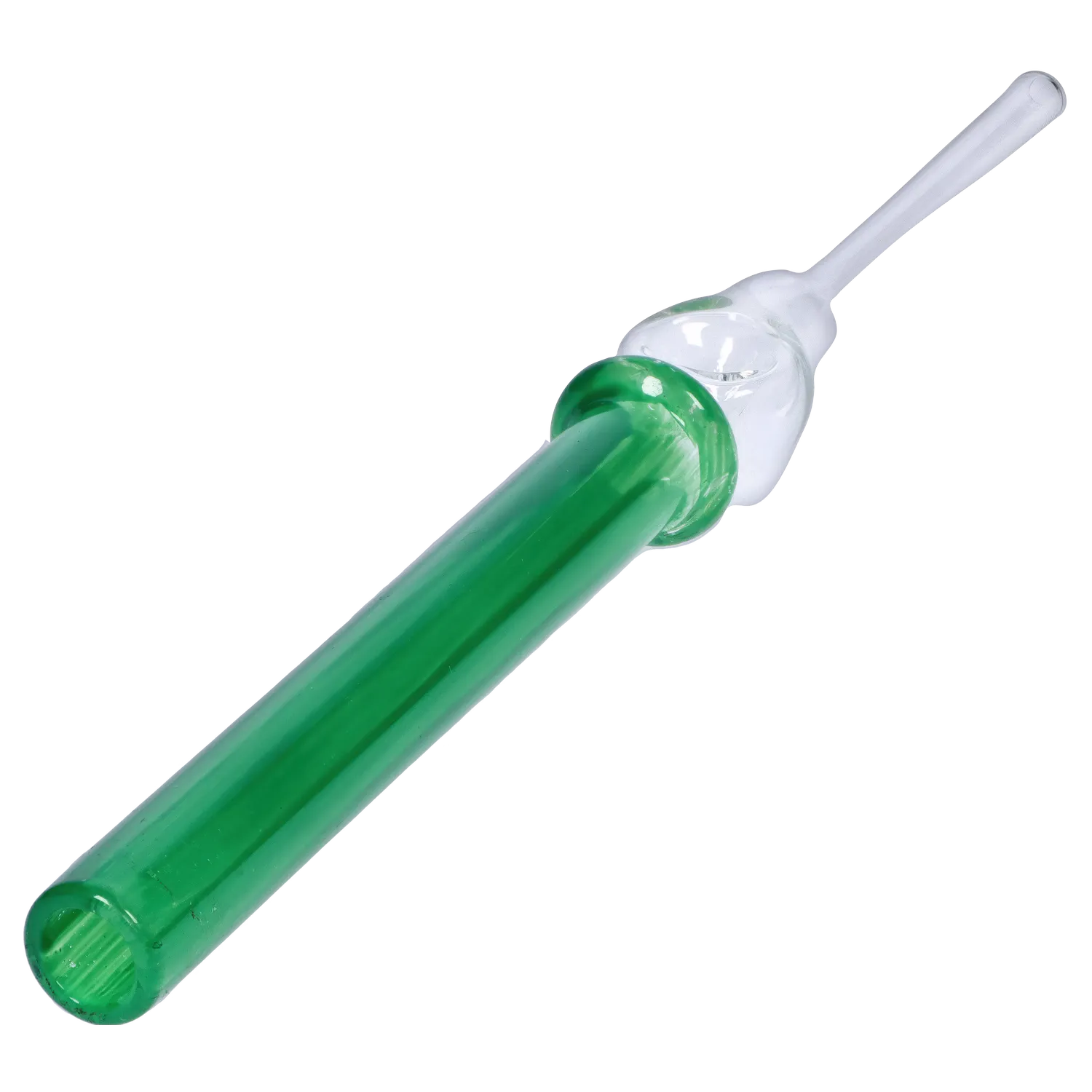 A front view of the Dankstop Glass Straw, showing its clear glass construction and simple, elongated form.