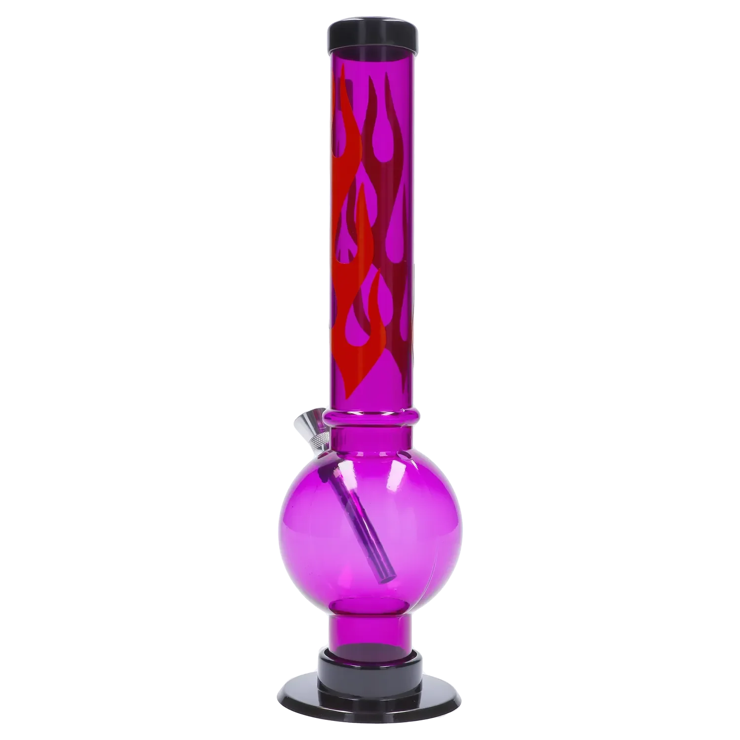 Front view of the 12-inch JM Plastics Flame Bubble Base Acrylic Water Pipe, showing a purple acrylic tube with flame decals.