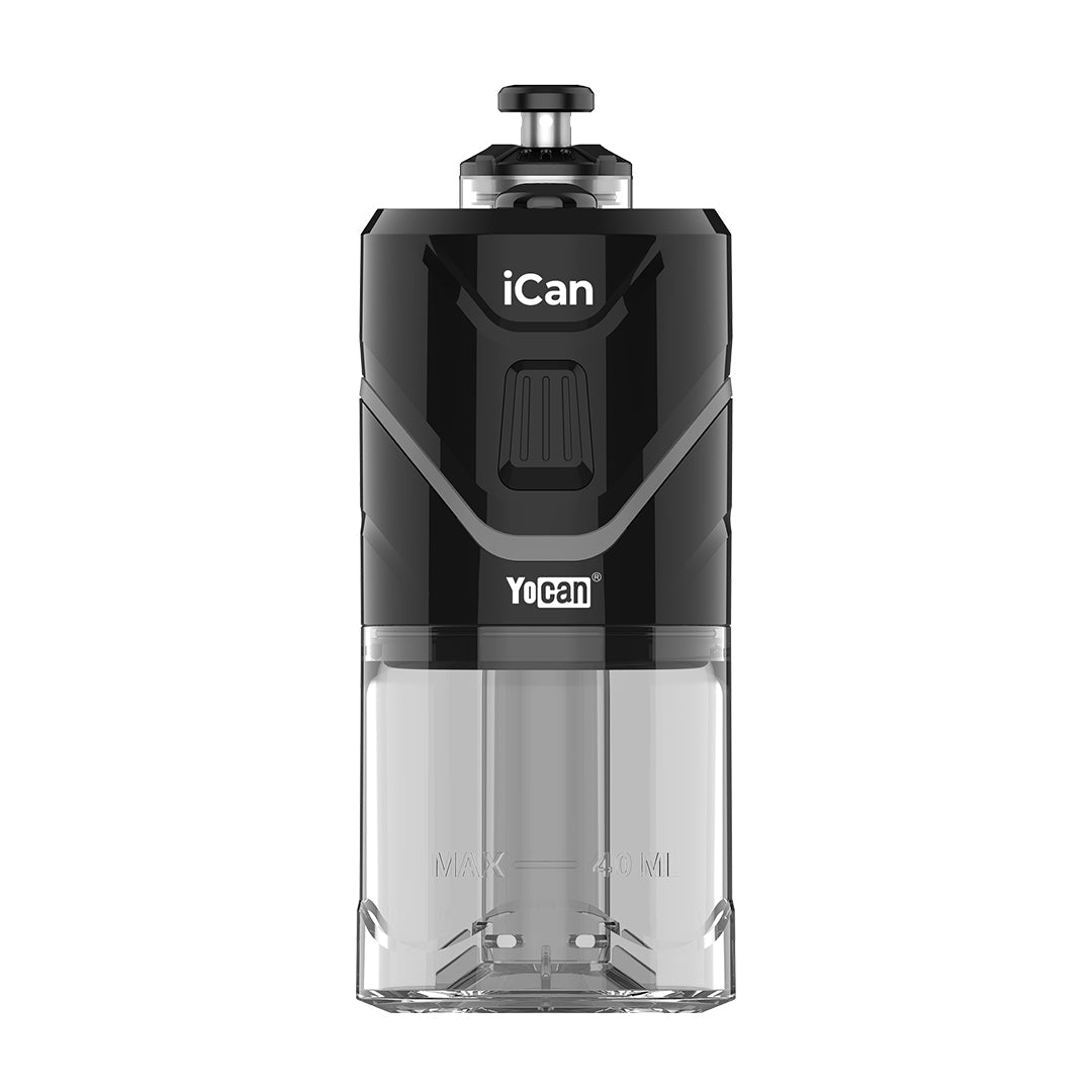 Front view of the Yocan iCan E-Rig, a compact, black device with a sleek, cylindrical design and a slightly angled top.