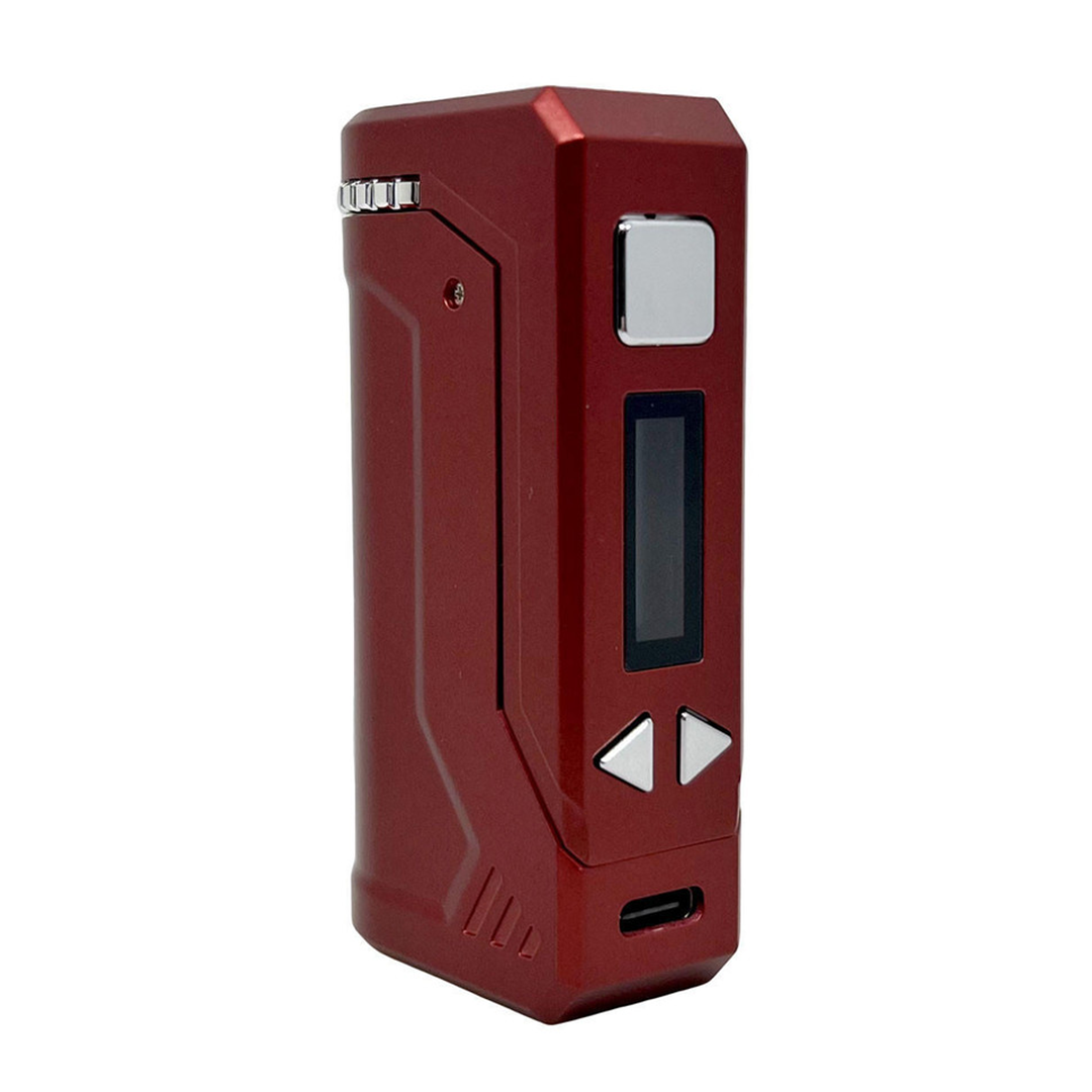 Front view of the Yocan UNI Pro Plus with a dark red finish, showing its rectangular shape and a small digital display.