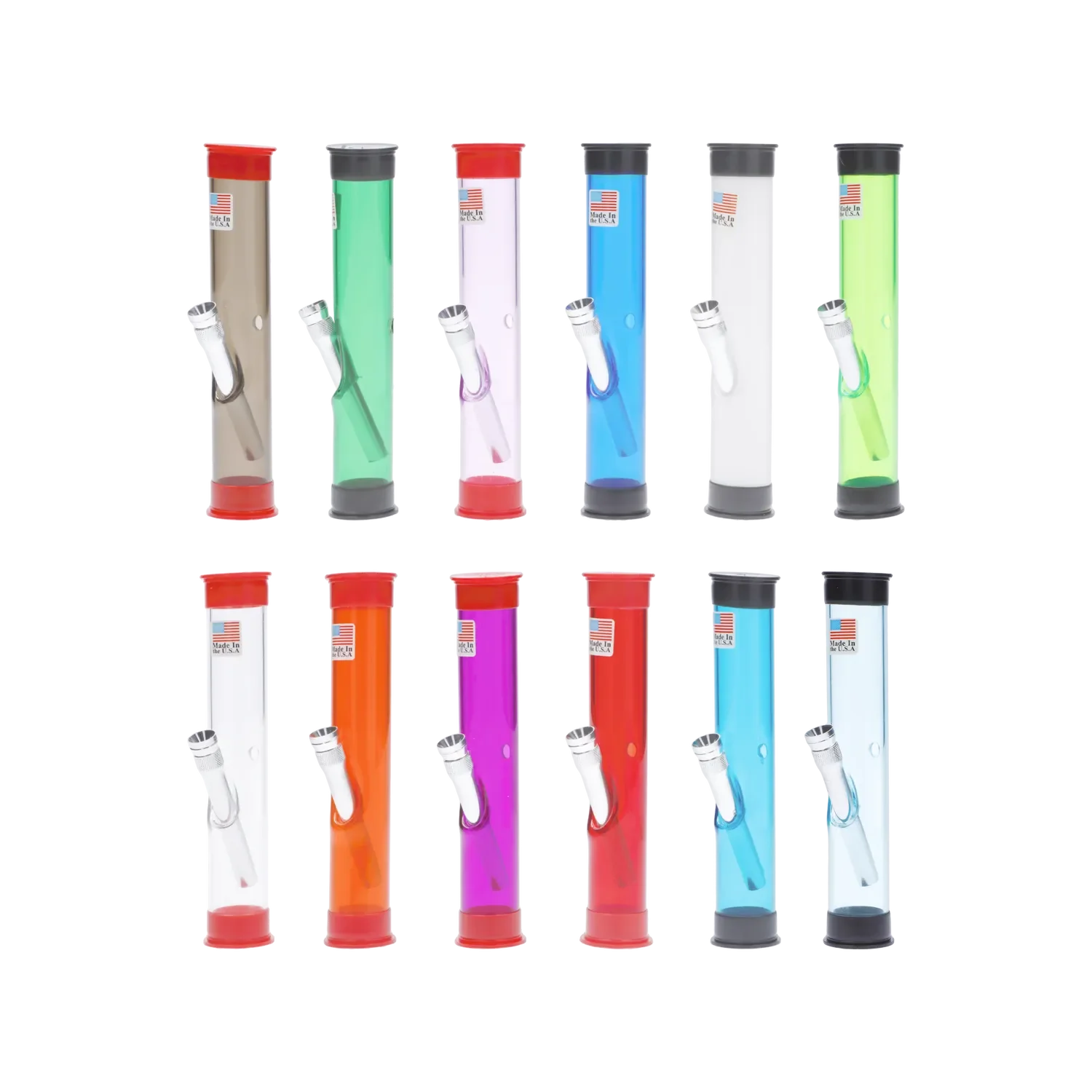 A front view of the JM Plastics Straight Tube with Carb Hole Acrylic Water Pipe, showing a clear acrylic tube on a black background.