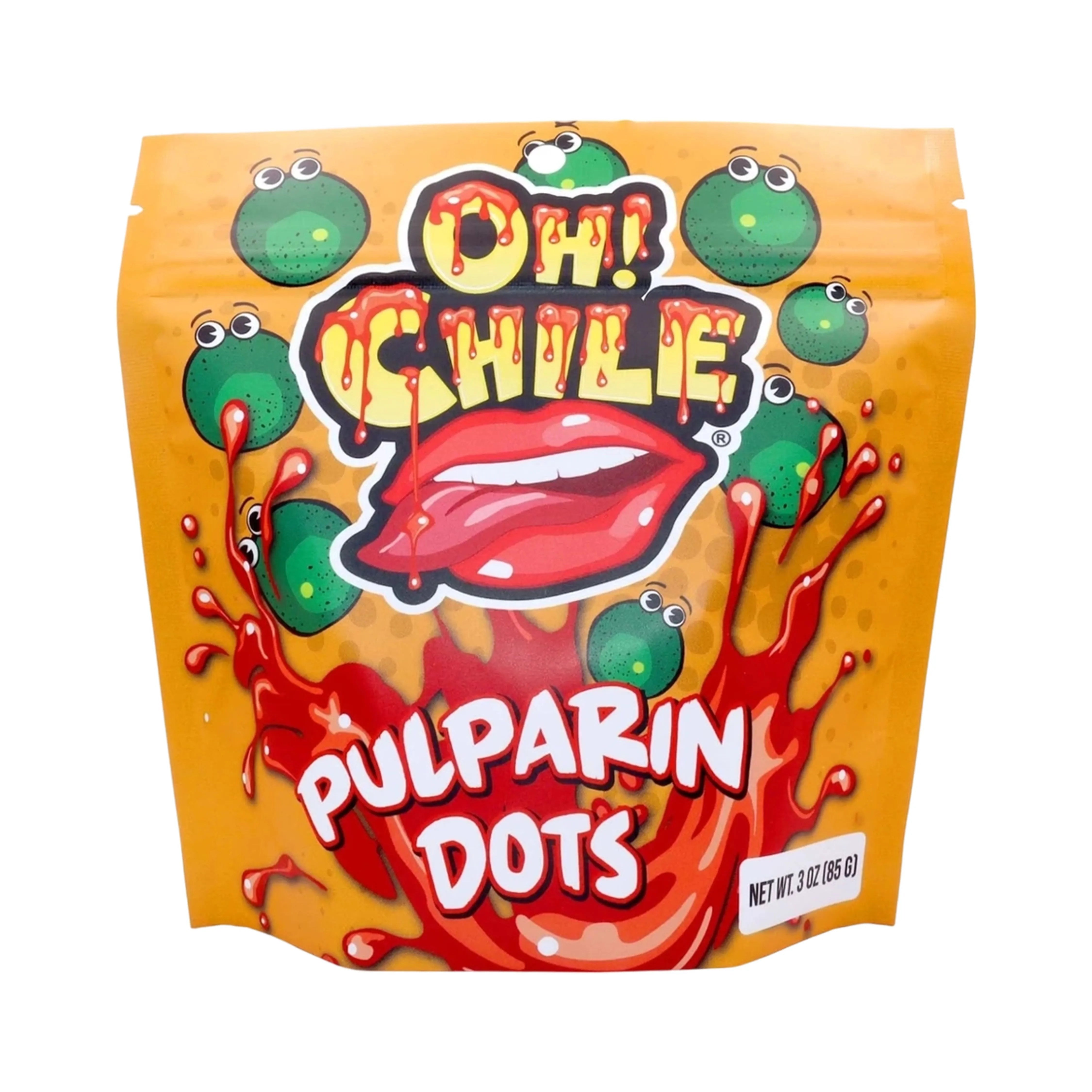A close-up, brightly lit shot of the Oh! Chile Pulparin Dots – 3 oz. package, displaying colorful graphic details.