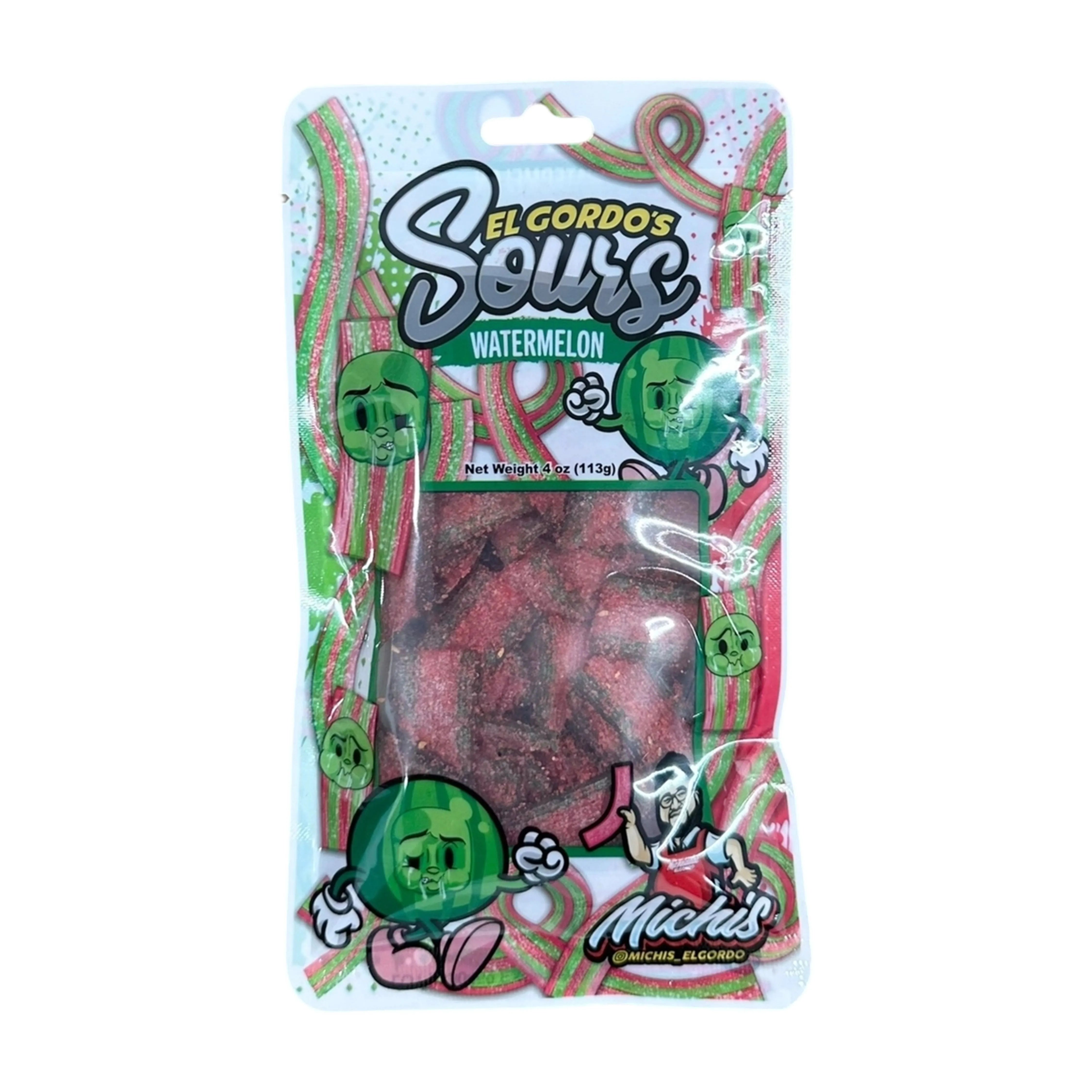 Front view of El Gordo Watermelon Chamoy Sours packaging with a bright, colorful design.