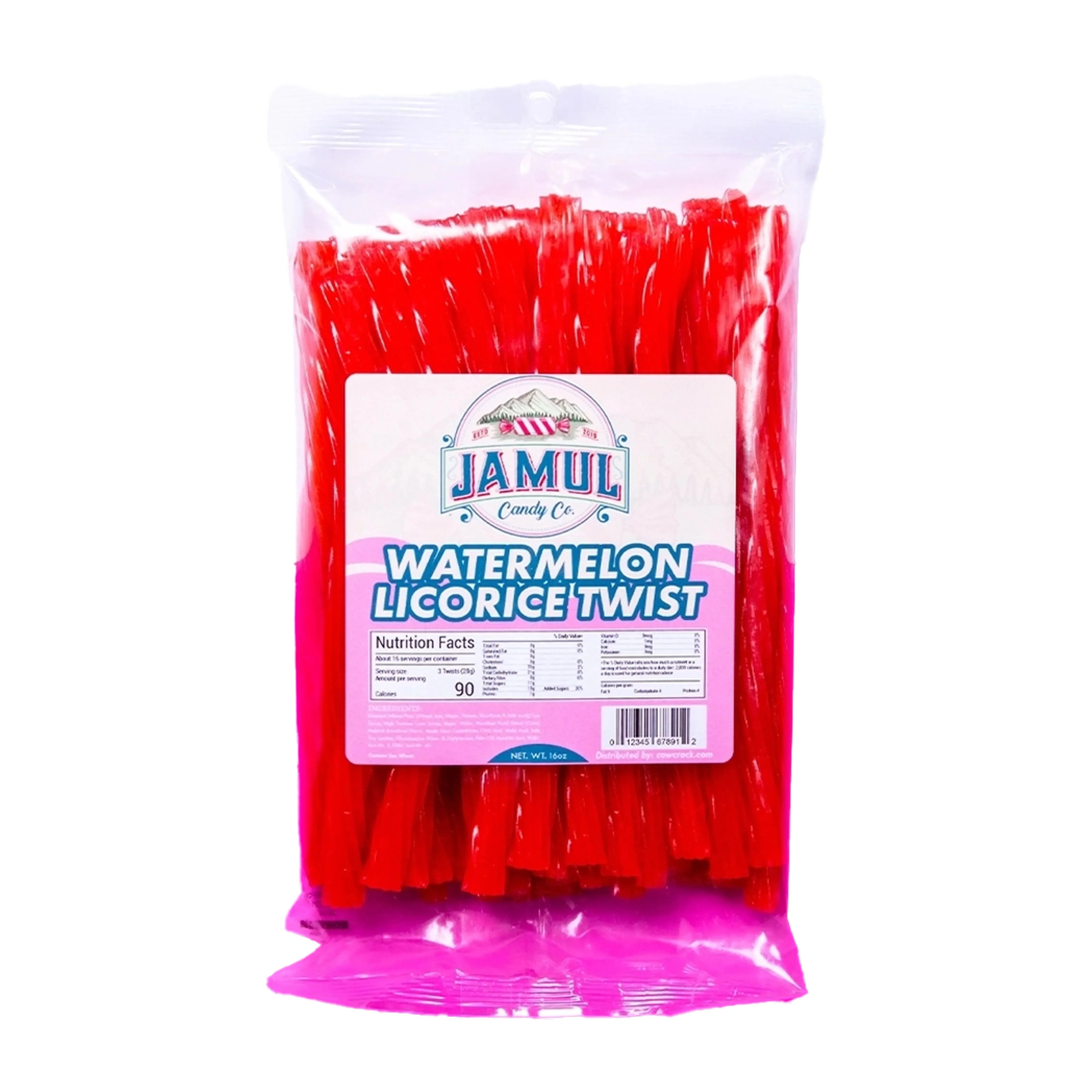 Front view of the 16oz Jamul Candy Co. Watermelon Licorice package with a colorful logo and nutrition facts label.