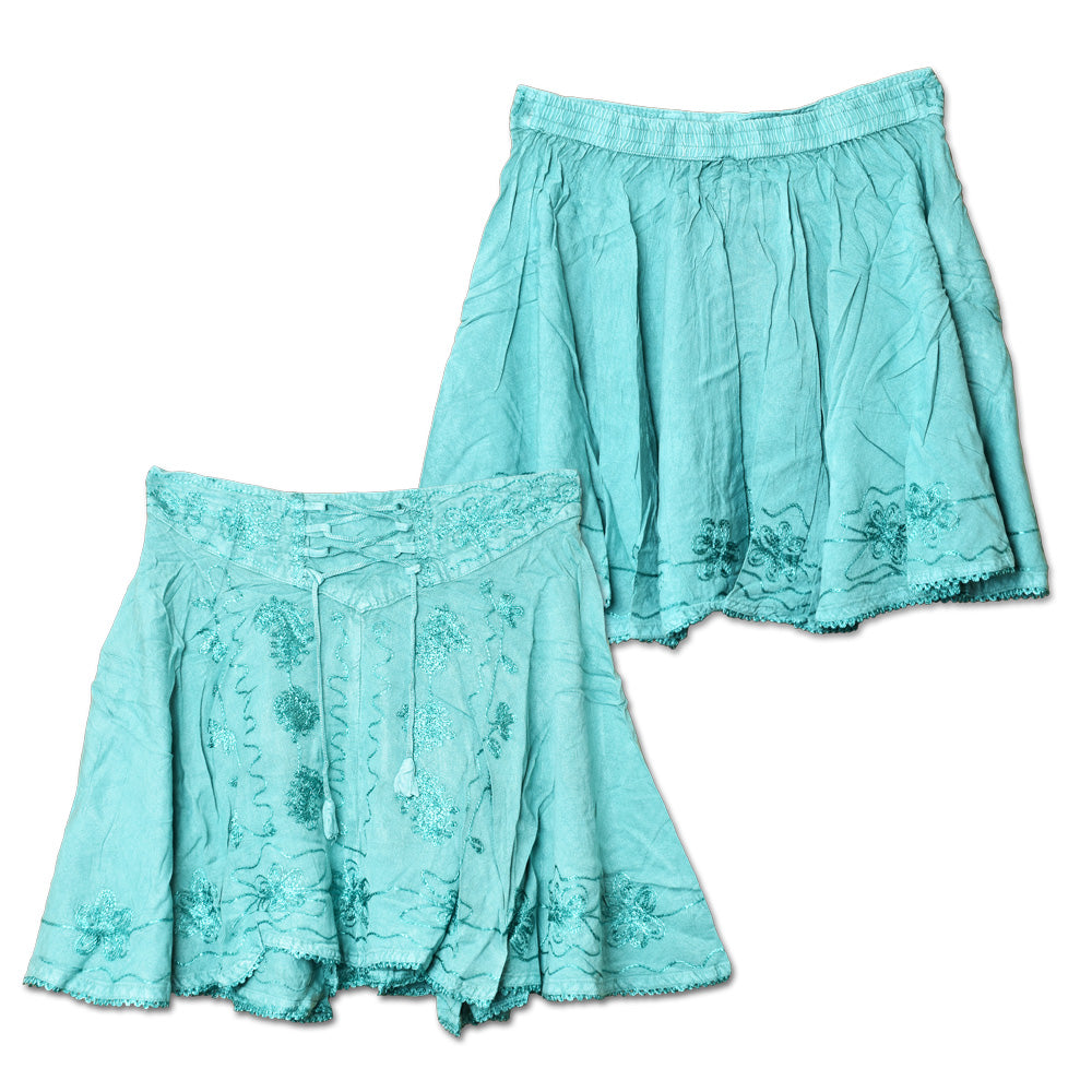 Acid Wash Embroidered Lace Tie Front Skirt