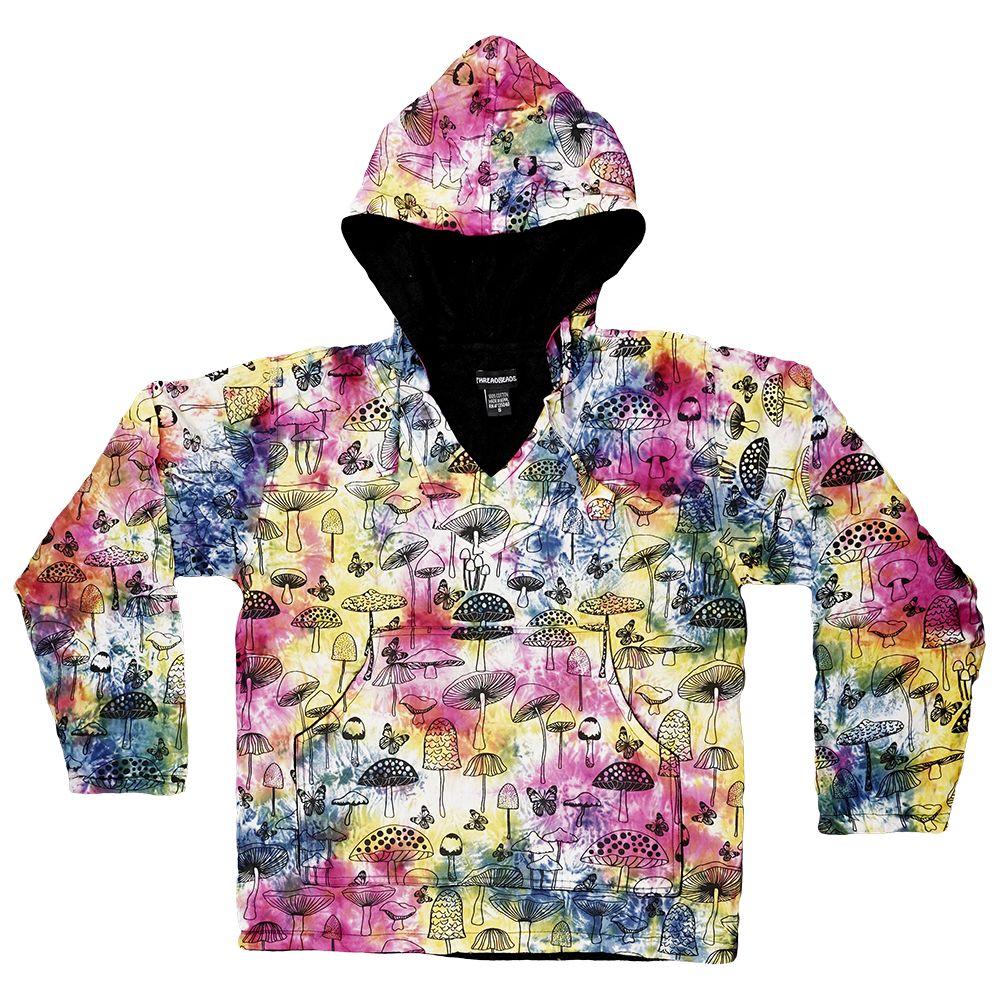 Upright Mushroom Tie Dye Fleece-Lined Pullover Hoodie