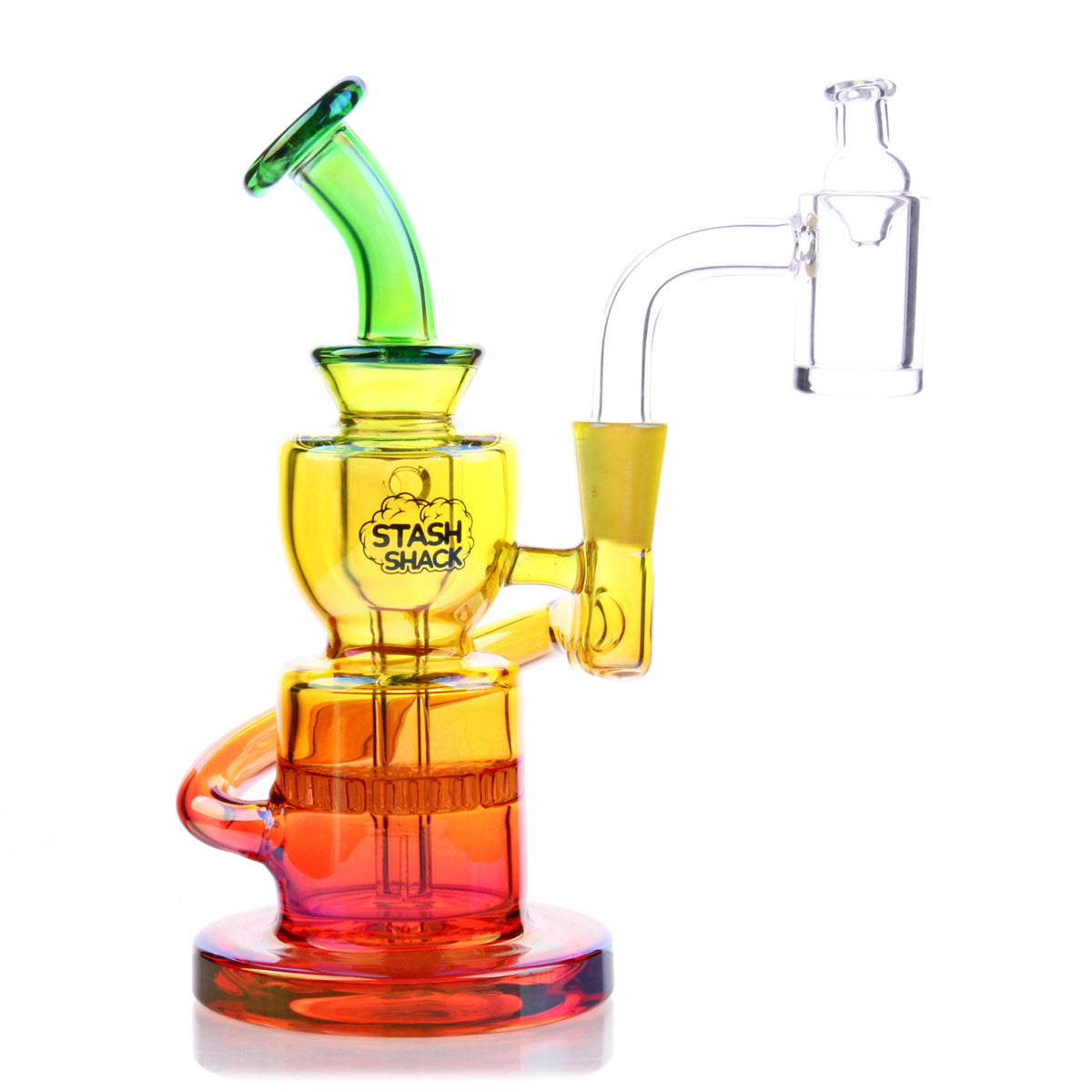 A three-quarter view of the Dahlia Mini Rig, showcasing its clear glass construction and unique, rounded shape.