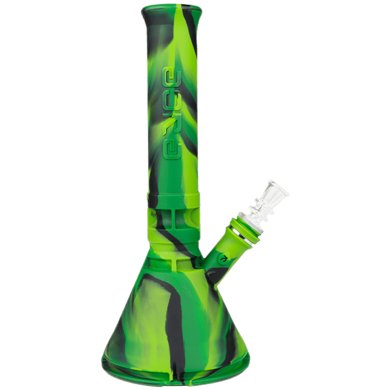 Front view of the Silicone Beaker, a green and clear glass piece with a wide base and curved neck.