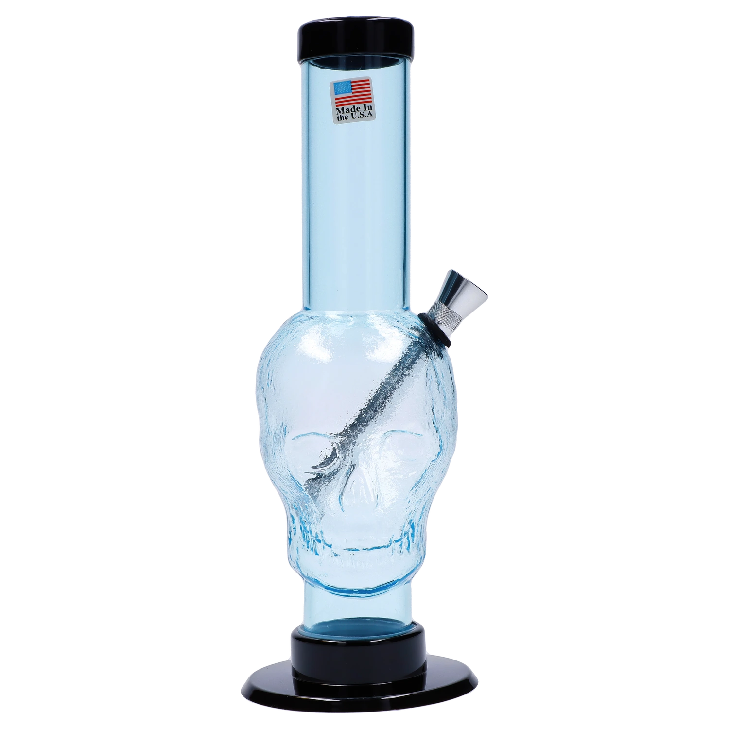 A front view of the 9-inch JM Plastics Skull Base with Carb Hole Acrylic Water Pipe, showcasing its clear acrylic design.