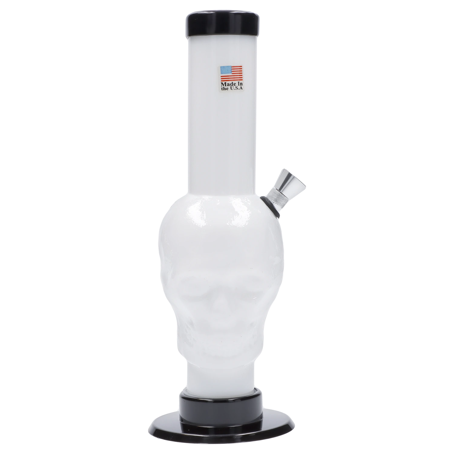 A front view of the 9-inch JM Plastics Skull Base with Carb Hole Acrylic Water Pipe, showing its clear body and skull-shaped base.