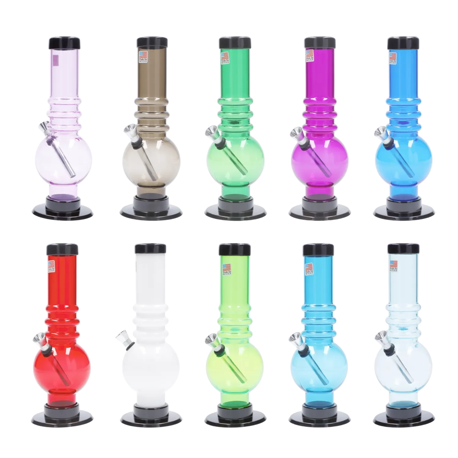 Front view of the 9-inch JM Plastics Bubble Base with Grip acrylic water pipe, showing a clear tube on a black surface.