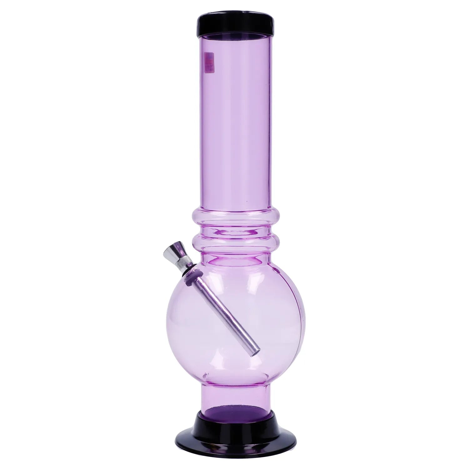 Front view of the 12-inch JM Plastics Large Bubble Base with Grip Acrylic Water Pipe, showing a purple, rounded base and clear acrylic tube.