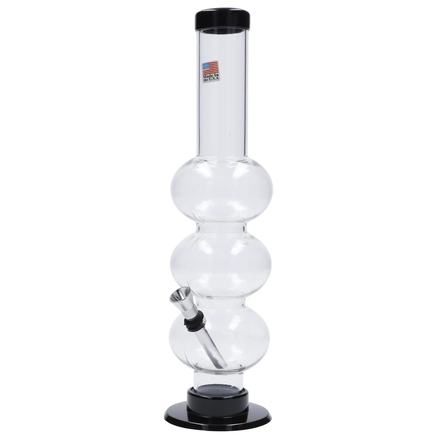 A front view of the 12-inch JM Plastics Triple Bubble Acrylic Water Pipe, showcasing its stacked bubble design.