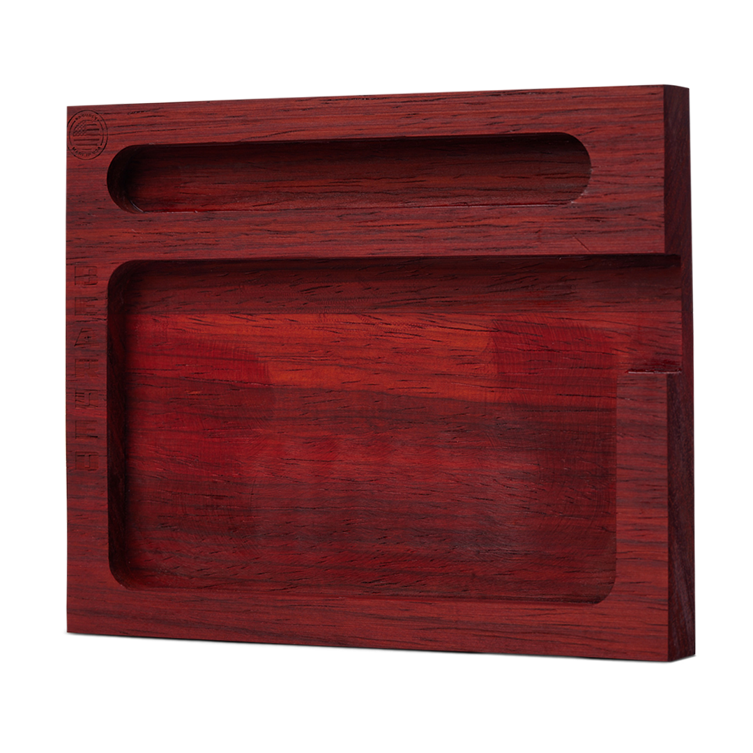 Front view of the Rolling Tray, a dark wooden surface with a slightly raised edge, angled against a neutral background.