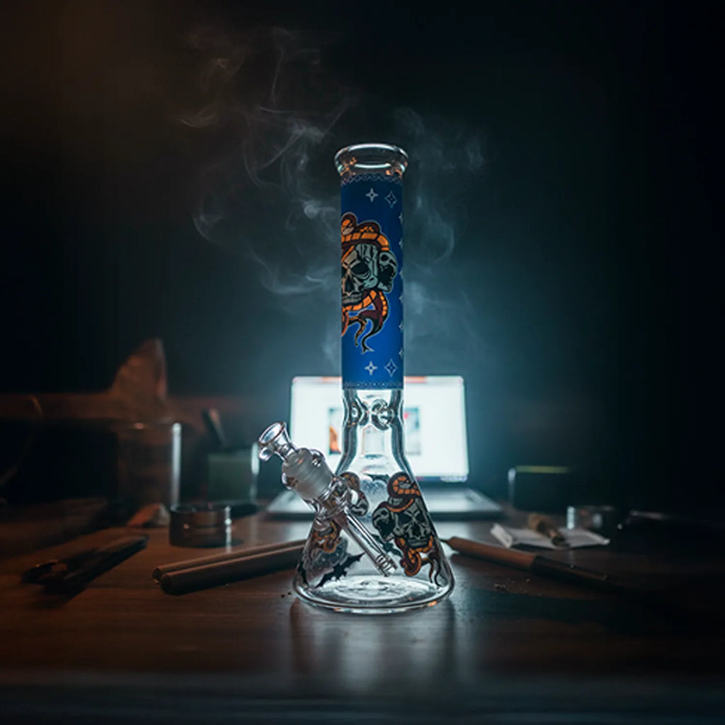 DankStop Beaker Ice Bong with Glow in the Dark Snake and Skull Print
