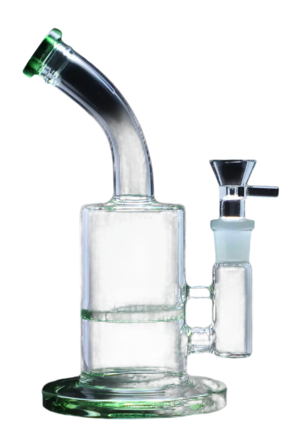 Front view of the 9-inch Bent Neck with Honeycomb Perc Water Pipe in green glass, showcasing its curved neck design.