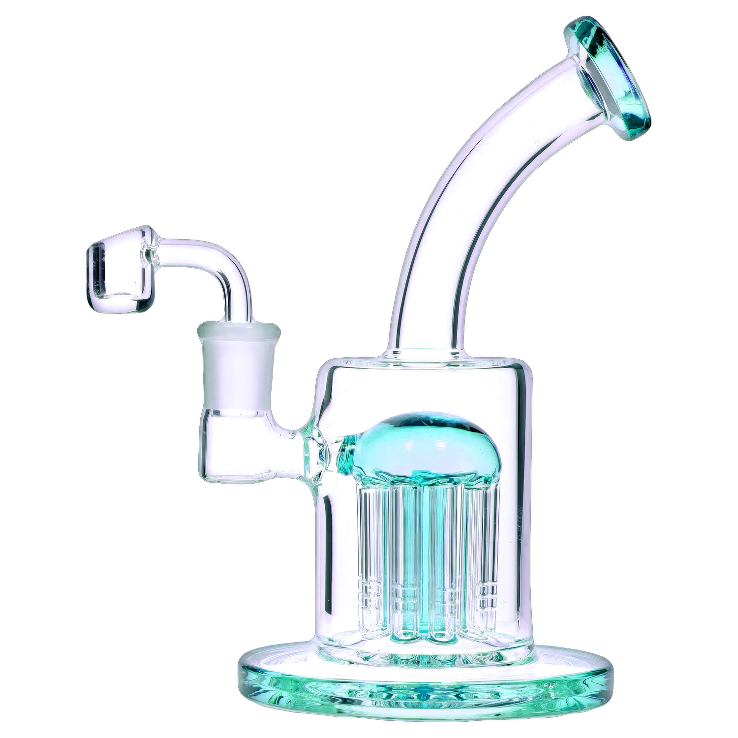 A studio shot of the 8-inch Bent Neck with Tree Perc Dab Rig, displaying its clear glass construction and intricate perc design.