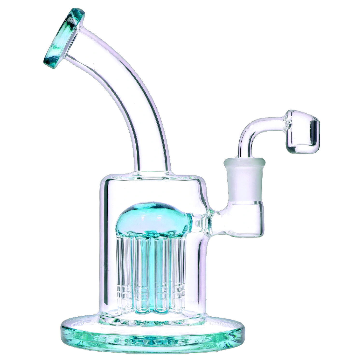 Front view of the 8-inch Bent Neck with Tree Perc Dab Rig, showcasing its curved neck and intricate perc diffusion chamber.