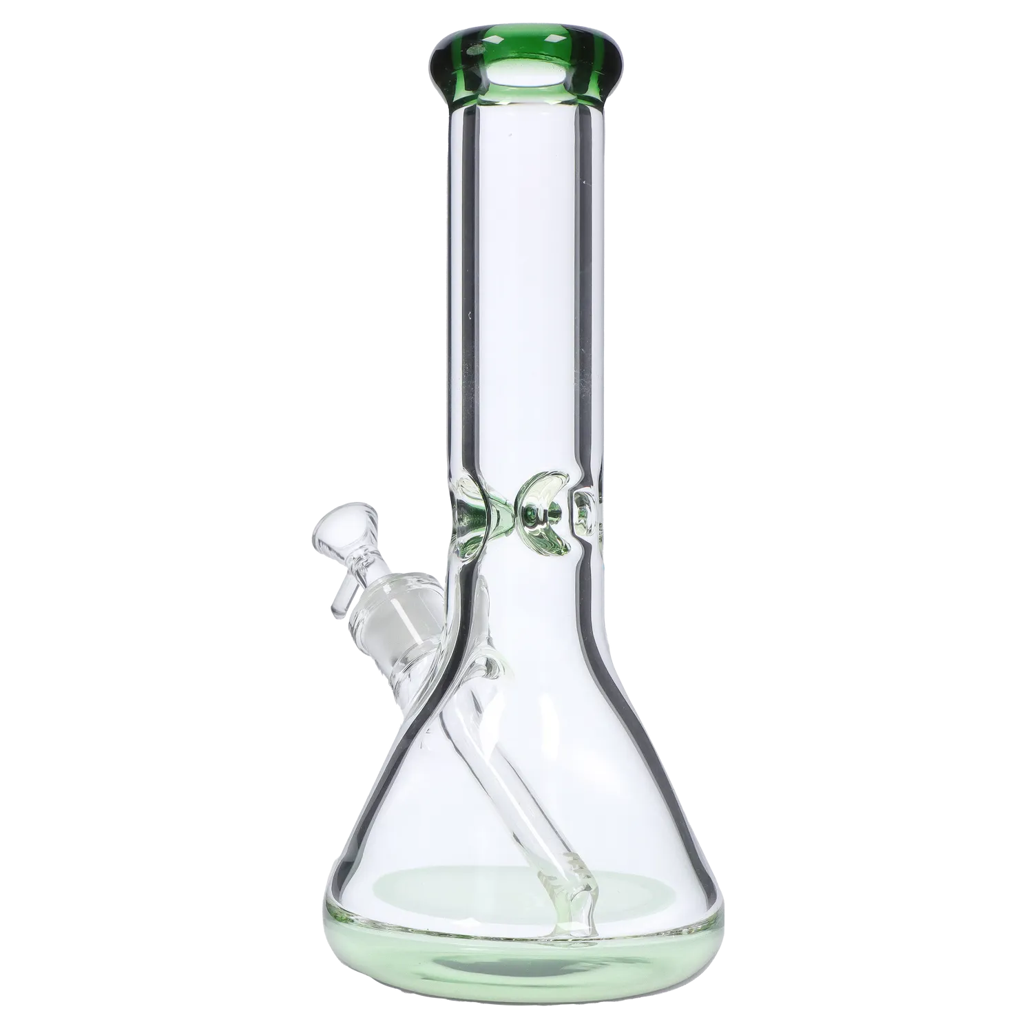 A studio shot of the 12-inch DankStop Big Base Beaker with Color Accents water pipe, displaying its green accent and classic beaker shape.